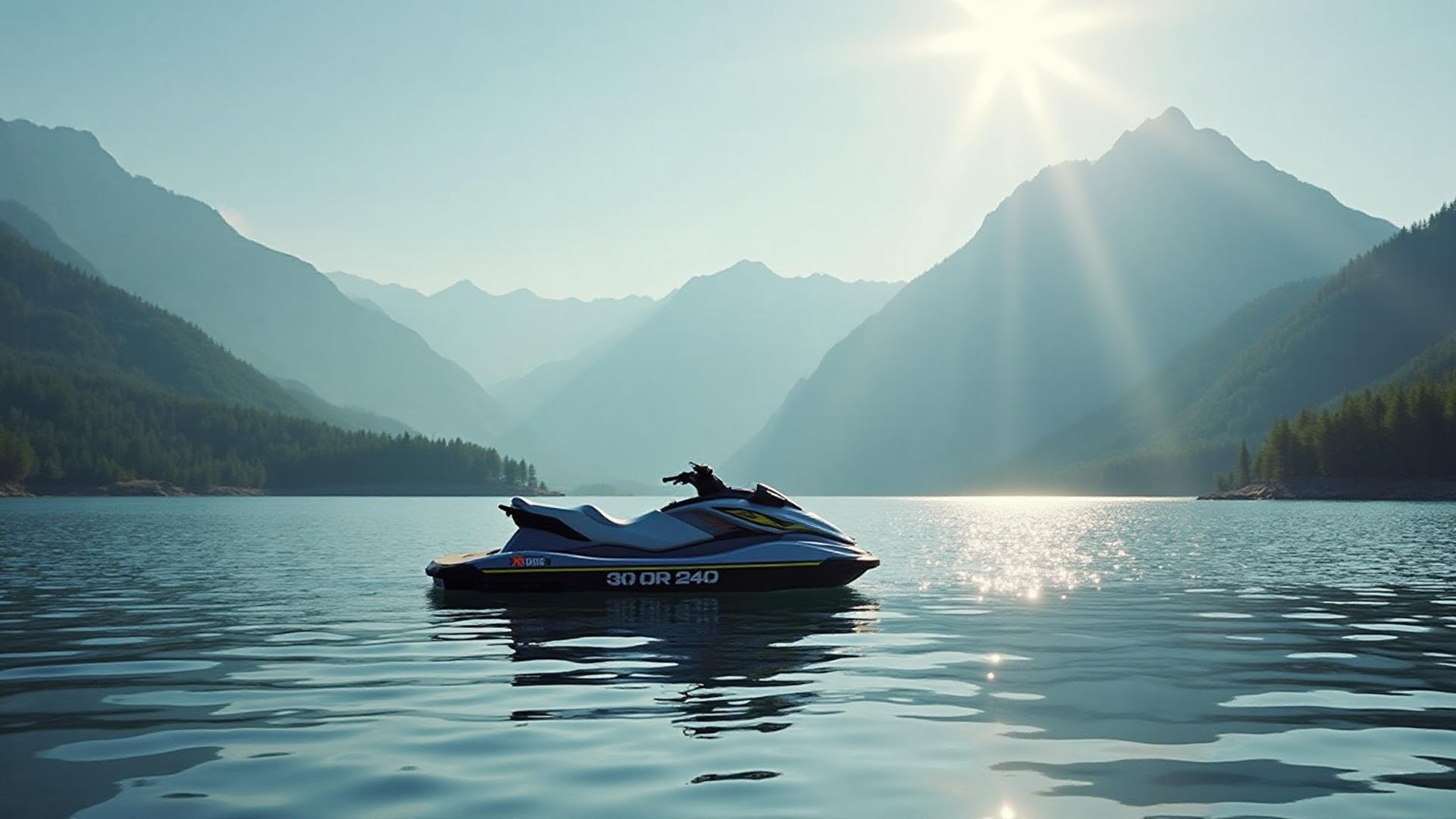 Jet ski parado em um lago tranquilo cercado de montanhas